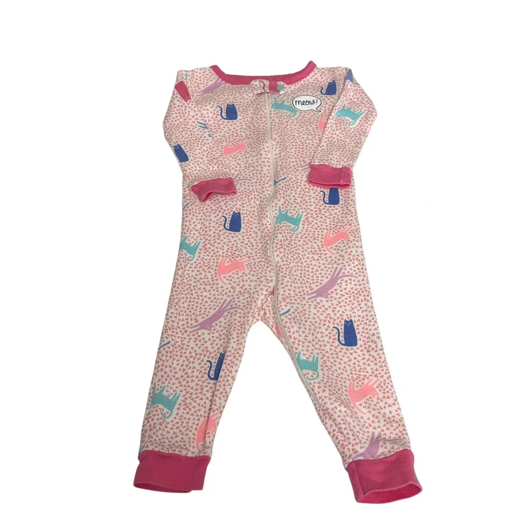 OshKosh Bgosh Baby Girls Pink Cat Print Full Zip Footless  Sleeper 9‎ Months